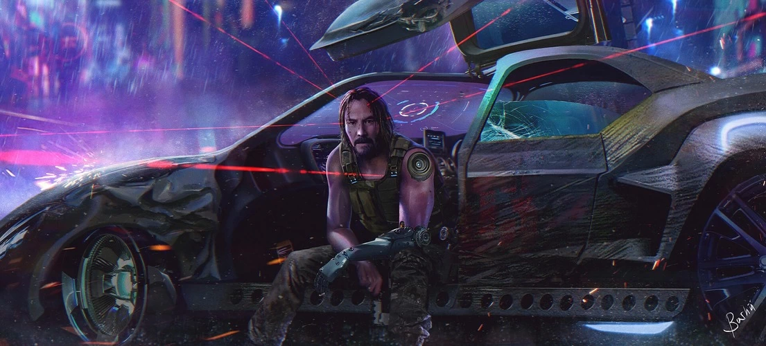 Cyberpunk 2077 Keanu Reeves sitting in a futuristic car