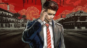 deadly premonition 2 a blessing in disguise main character in front of game cover deadly premonition 2 a blessing in disguise main character in front of game cover