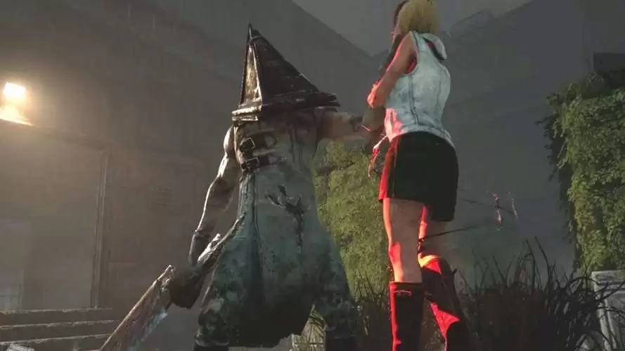 pyramid head grabing a blonde girl by the neck