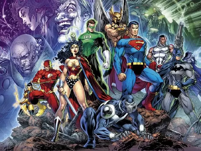 super man wonder woman and many dc universe characters standing proudly on rocks
